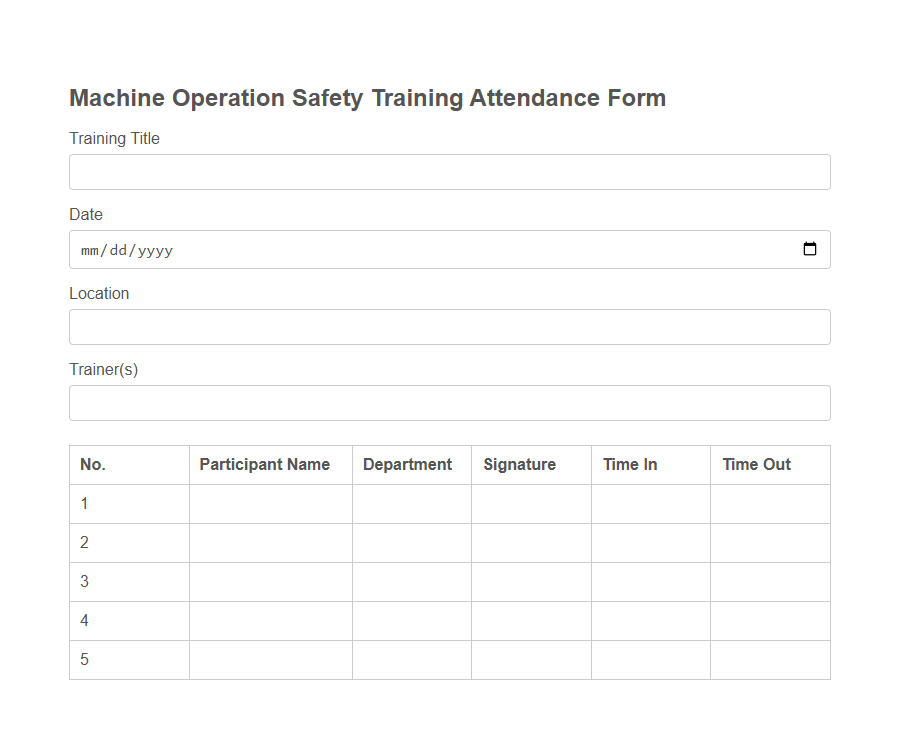 Training Attendance Form (Manufacturing Staff) PDF Samples